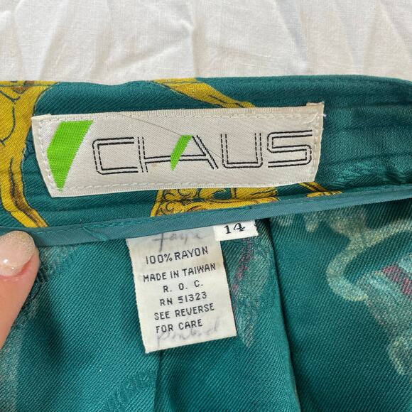 Chaus Women Vintage Teal Rayon Gold Equestrian Chain Print Pleated Maxi Skirt 14 - Picture 3 of 6